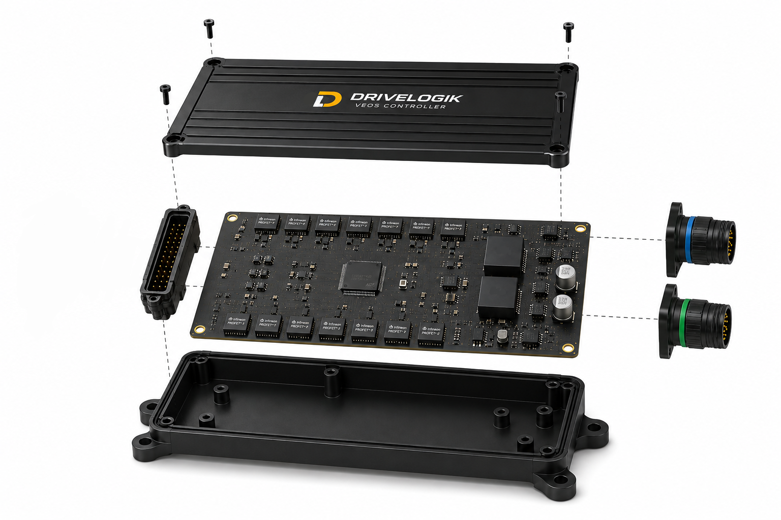 Exploded mockup of the DriveLogik VEOS controller enclosure and PCB